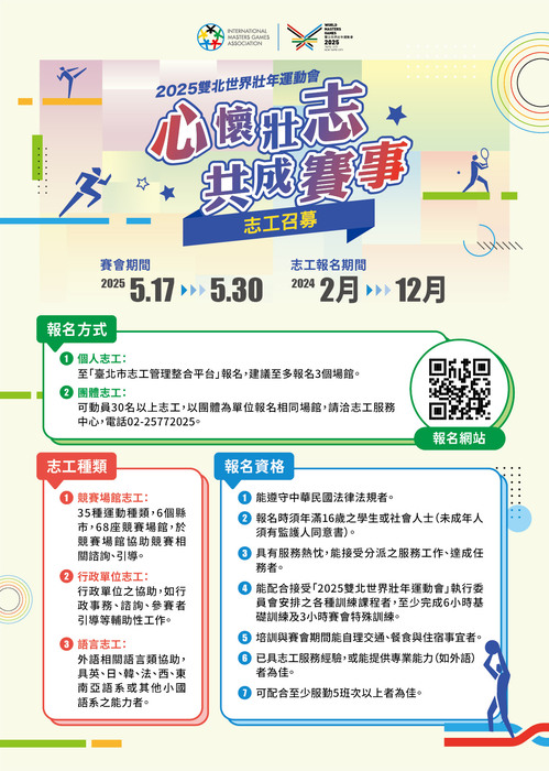 【校外志工】114/5/17-30「2025雙北世界壯年運動會」志工招募，歡迎報名參加圖片